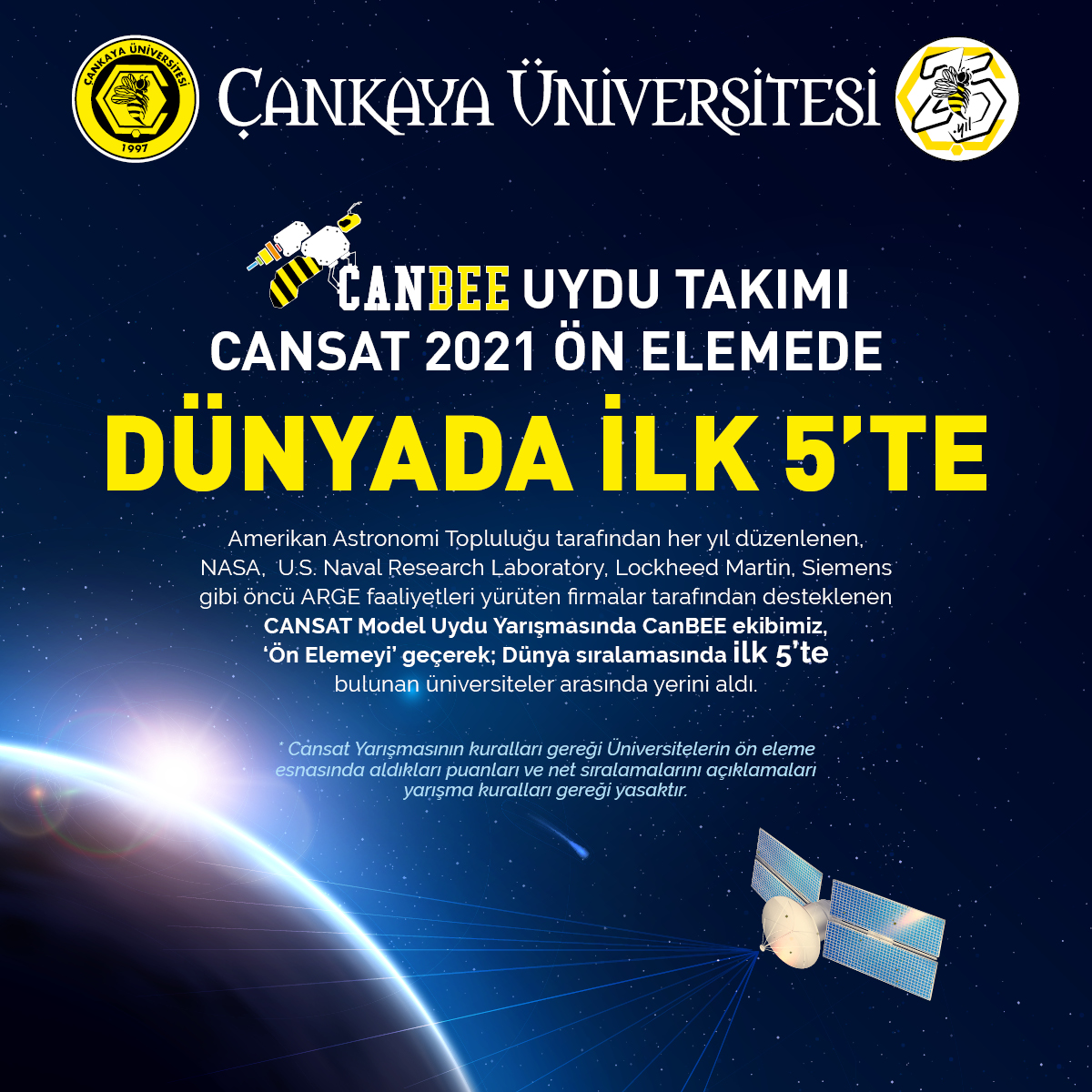 CANBEE Uydu Ekibi CANSAT 2021 Ön Elemede Dünyada ilk 5’te